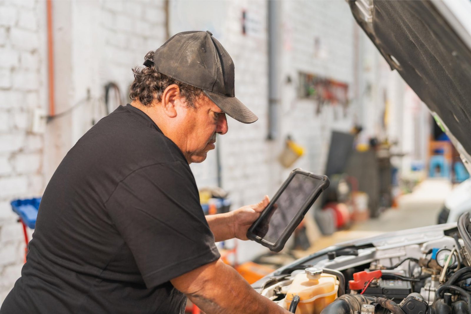 Mechanic inspecting a vehicle with a tablet