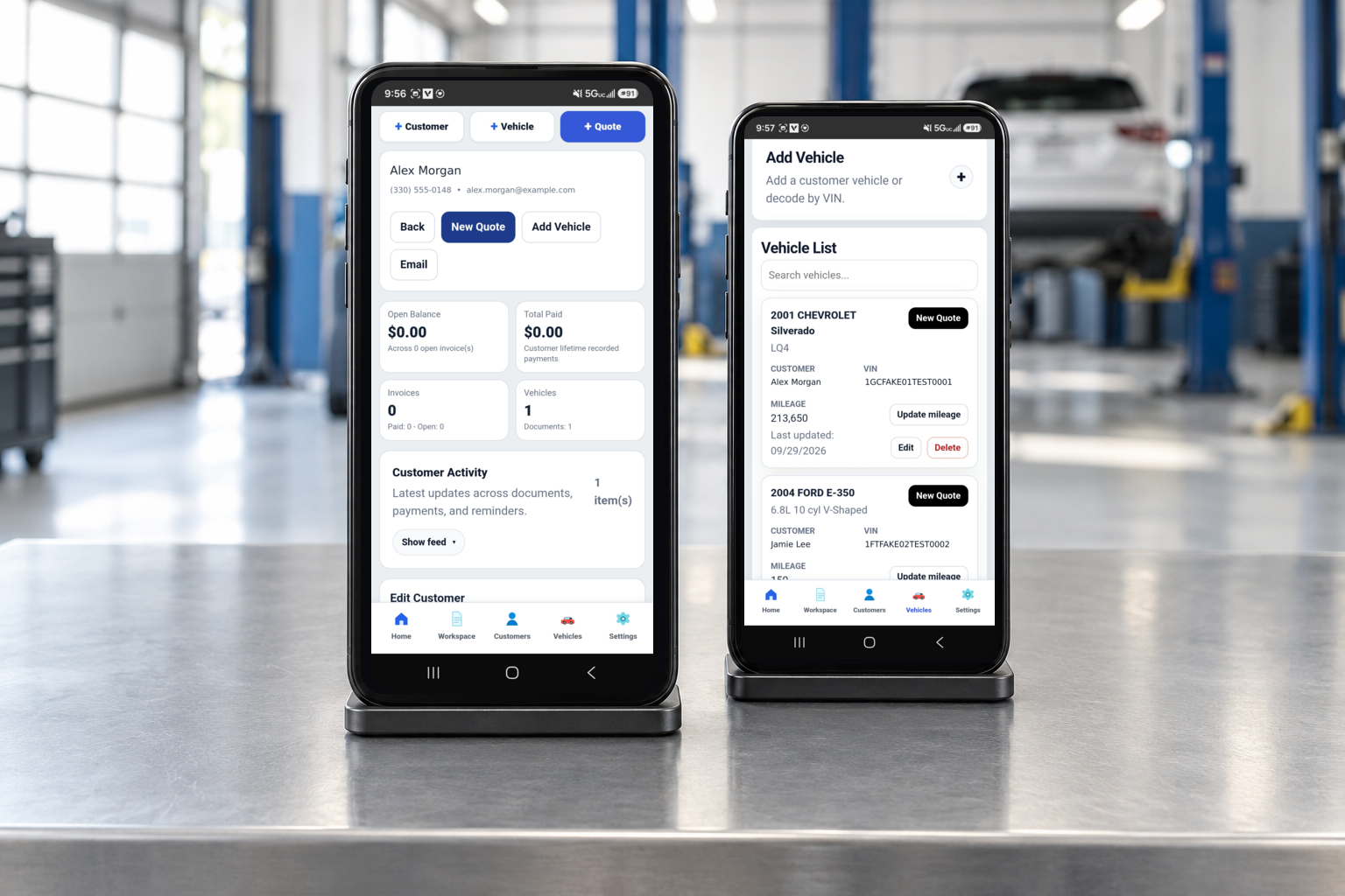 PistonCMS customer profile and vehicle records on a mobile device