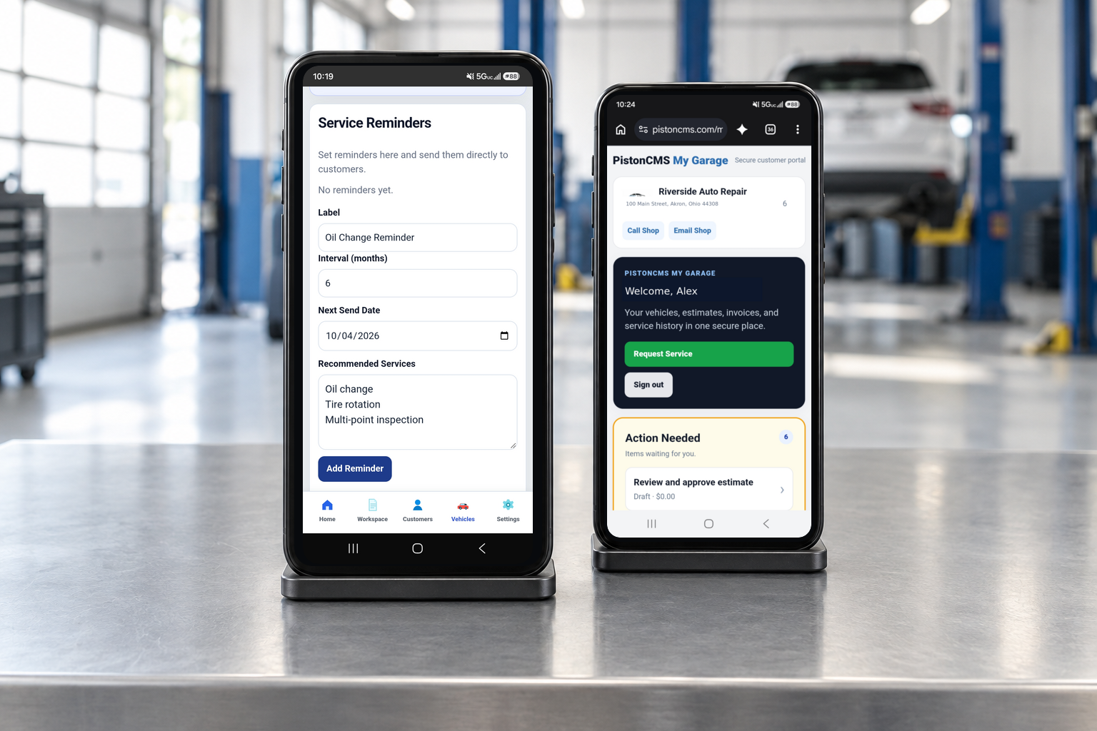 PistonCMS My Garage customer portal on a mobile device