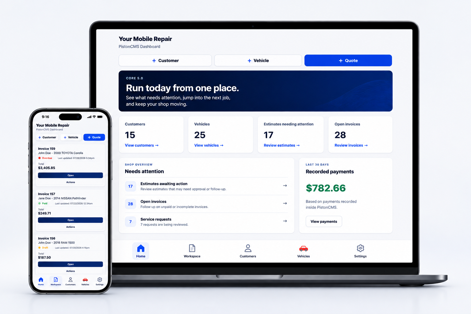 PistonCMS Core 5.0 dashboard shown on desktop and mobile