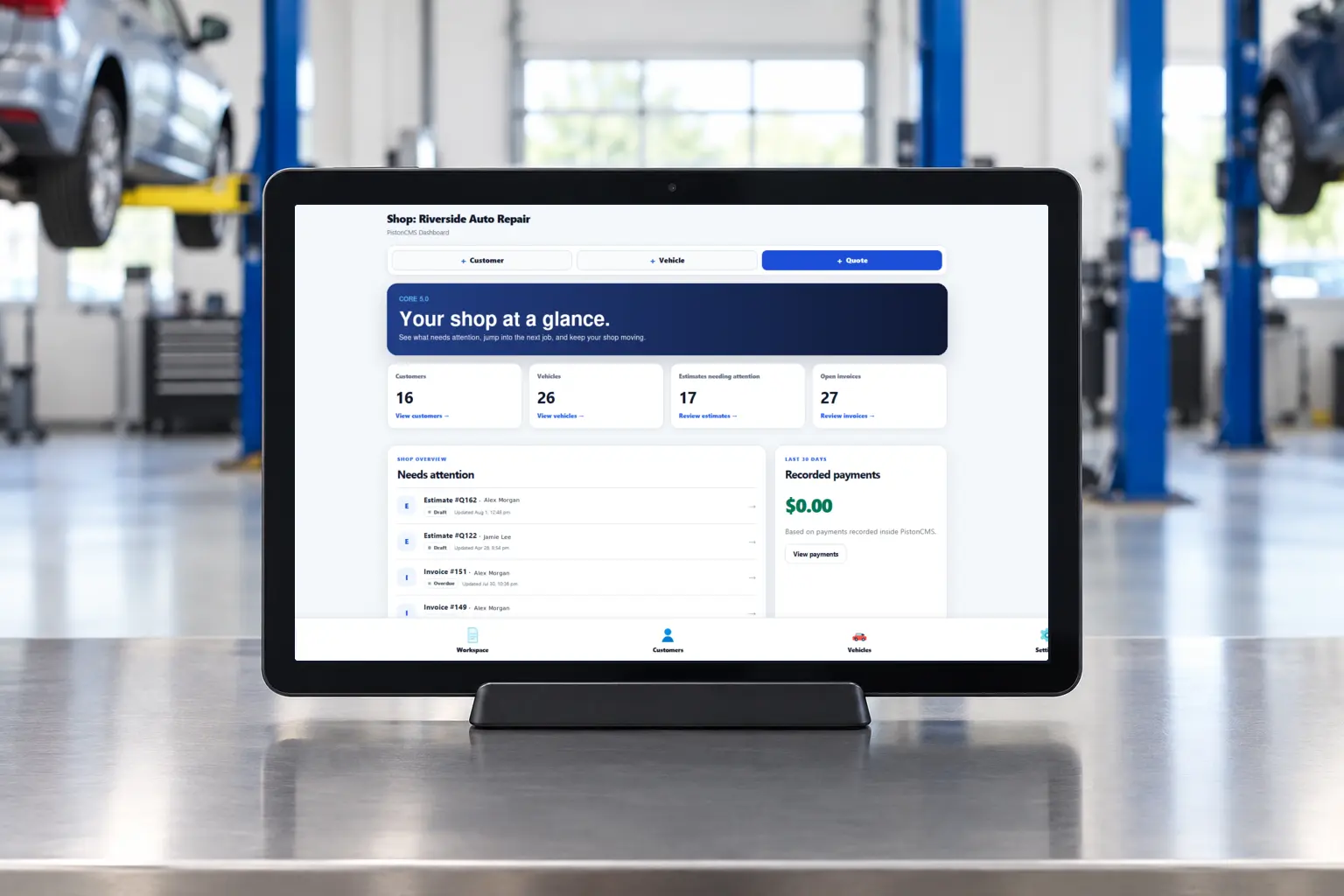 PistonCMS estimate and quote builder shown on a tablet in a repair shop