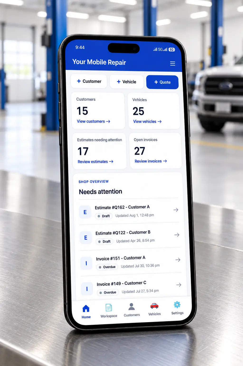 PistonCMS shop overview showing estimates, open invoices, and service requests that need attention