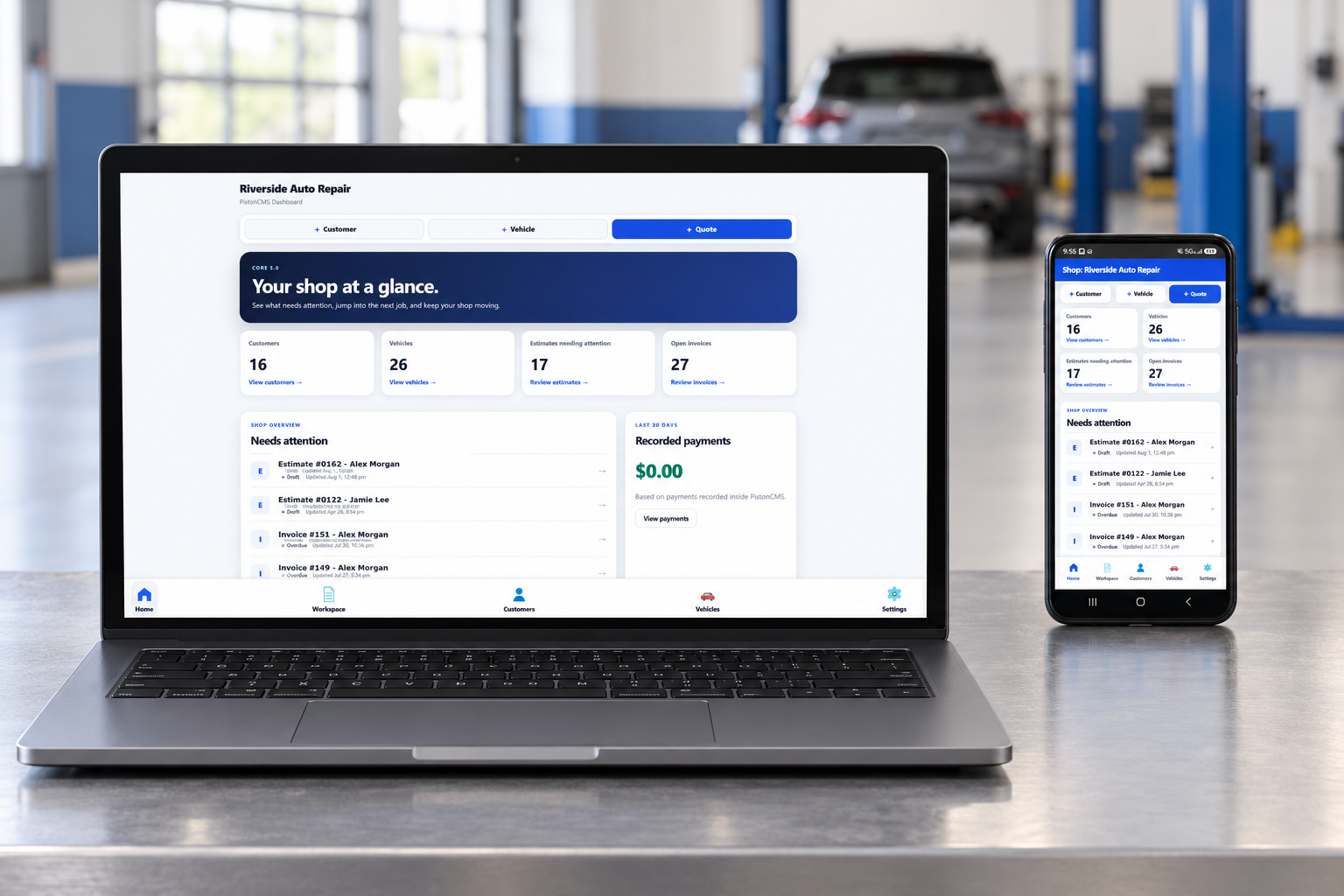 PistonCMS dashboard shown on desktop and mobile devices in an independent repair shop